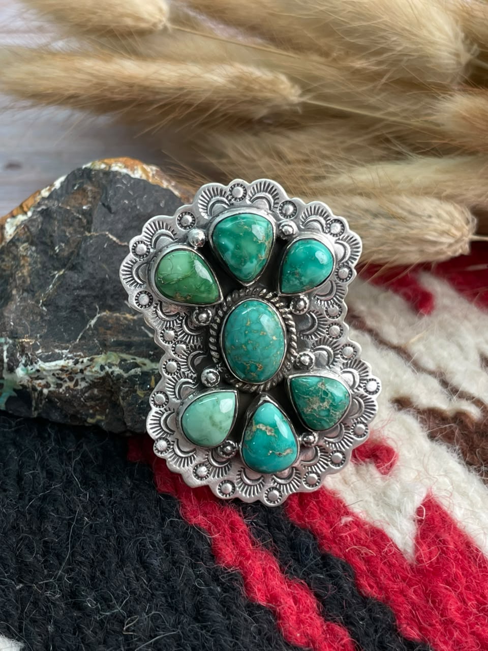 Handmade Sterling Silver Emerald Valley Turquoise Collection: Adjustable Ring Signed Nizhoni