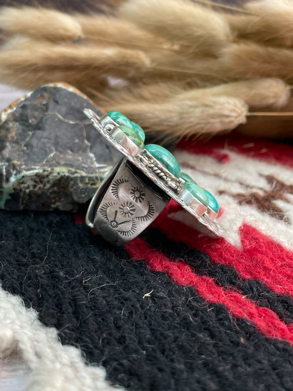 Handmade Sterling Silver Emerald Valley Turquoise Collection: Adjustable Ring Signed Nizhoni