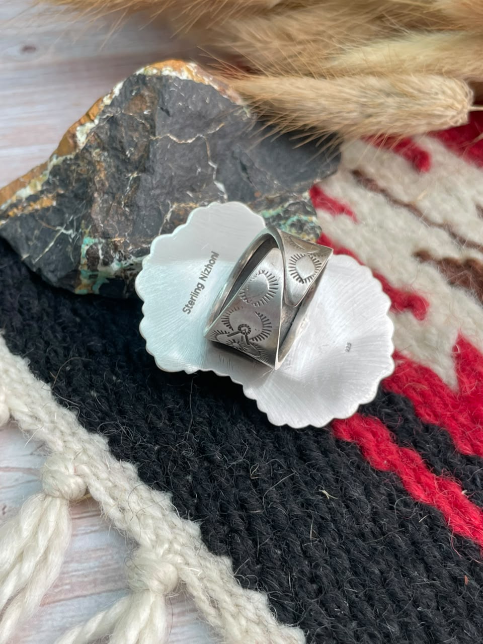 Handmade Sterling Silver Emerald Valley Turquoise Collection: Adjustable Ring Signed Nizhoni