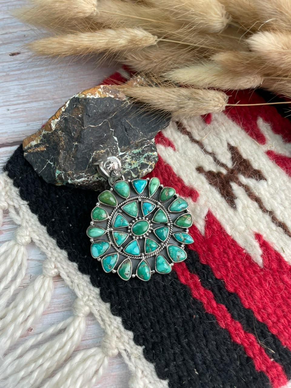 Handmade Sterling Silver Emerald Valley Turquoise Collection: Pendant Signed Nizhoni