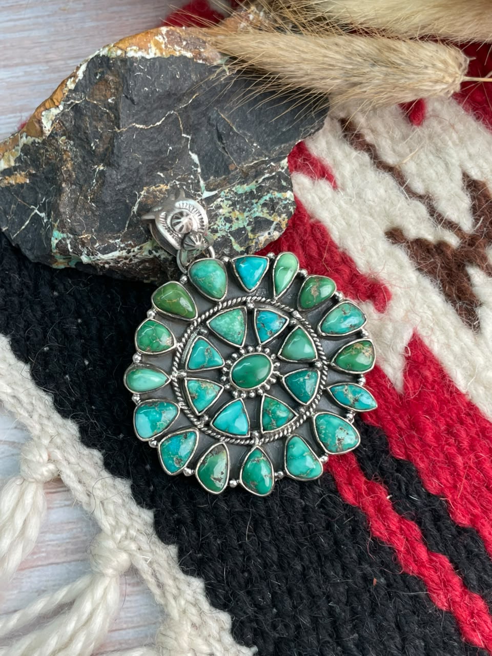 Handmade Sterling Silver Emerald Valley Turquoise Collection: Pendant Signed Nizhoni