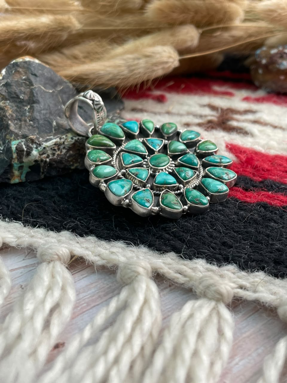 Handmade Sterling Silver Emerald Valley Turquoise Collection: Pendant Signed Nizhoni
