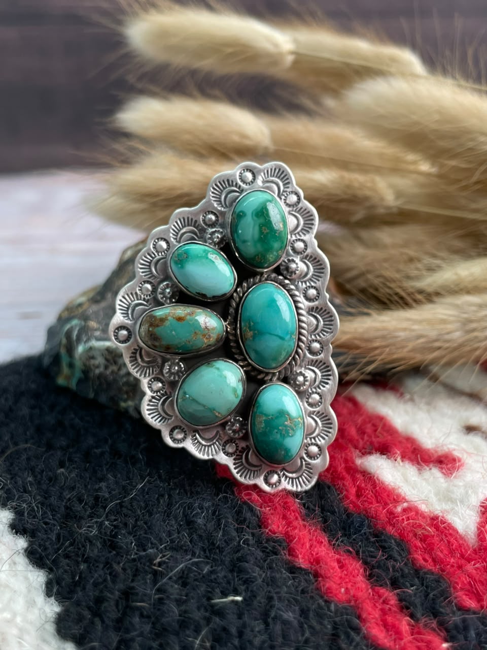 Handmade Sterling Silver Emerald Valley Turquoise Collection: Adjustable Ring Signed Nizhoni