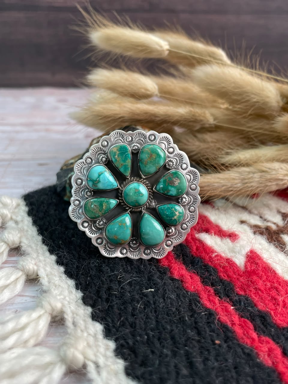 Handmade Sterling Silver Emerald Valley Turquoise Collection: Adjustable Ring Signed Nizhoni