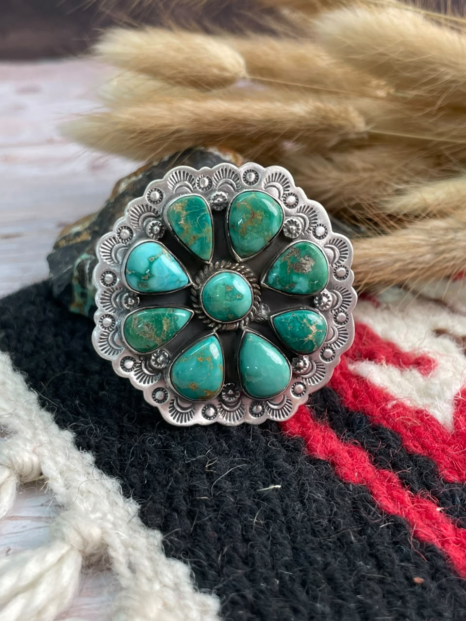 Handmade Sterling Silver Emerald Valley Turquoise Collection: Adjustable Ring Signed Nizhoni