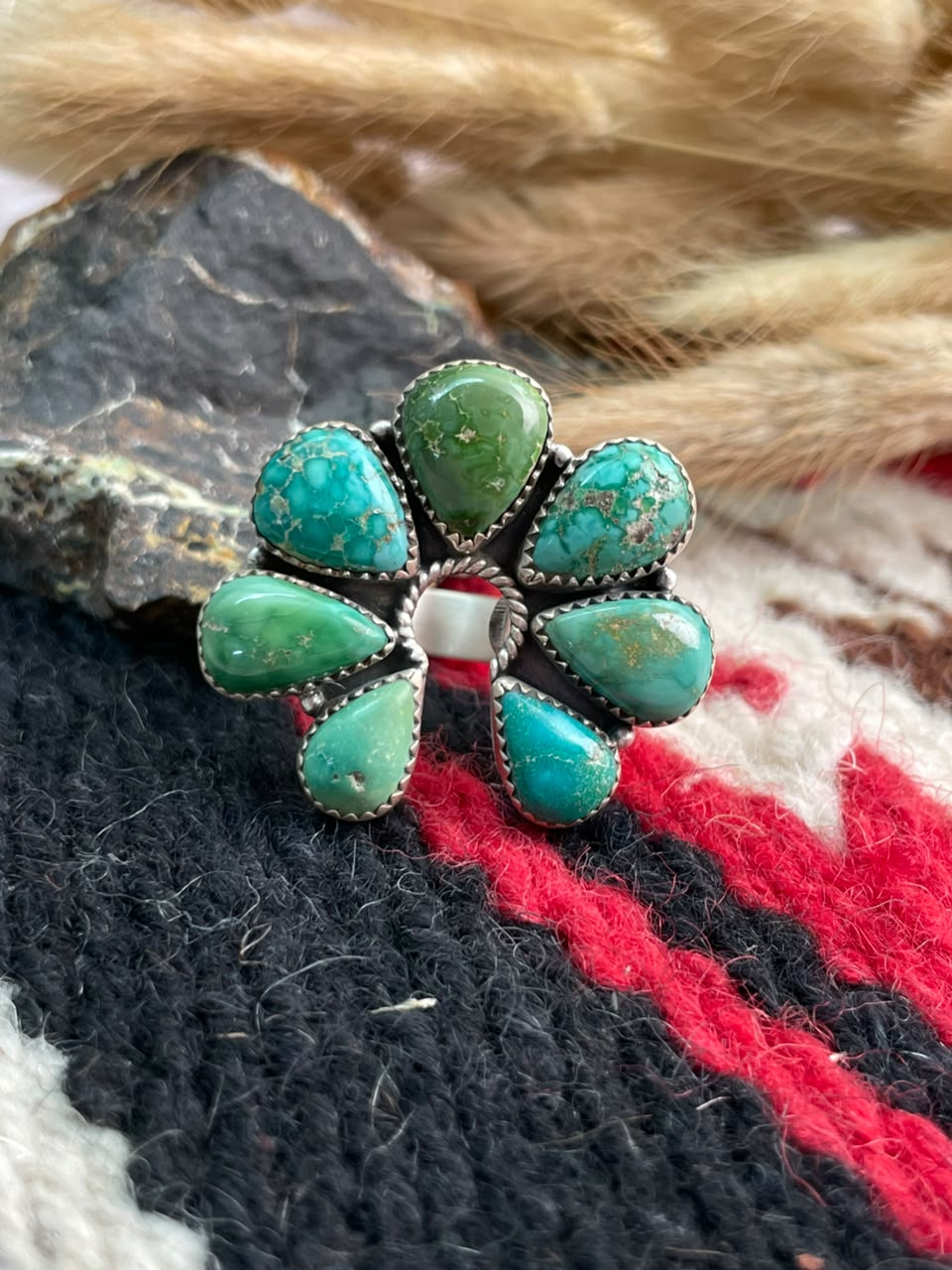 Handmade Sterling Silver Emerald Valley Turquoise Collection: Adjustable Naja Ring Signed Nizhoni