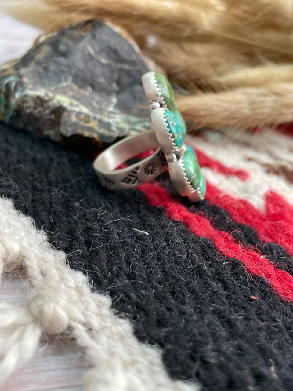 Handmade Sterling Silver Emerald Valley Turquoise Collection: Adjustable Naja Ring Signed Nizhoni