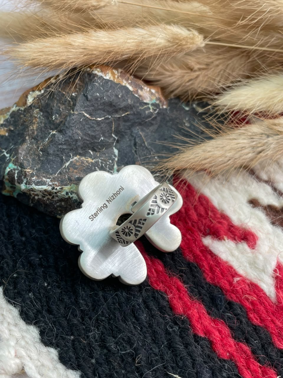 Handmade Sterling Silver Emerald Valley Turquoise Collection: Adjustable Naja Ring Signed Nizhoni
