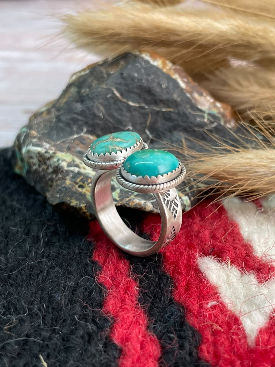 Handmade Sterling Silver Emerald Valley Turquoise Collection: Adjustable Ring Signed Nizhoni