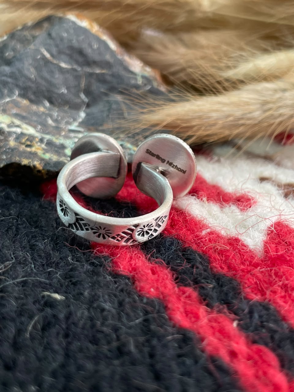 Handmade Sterling Silver Emerald Valley Turquoise Collection: Adjustable Ring Signed Nizhoni