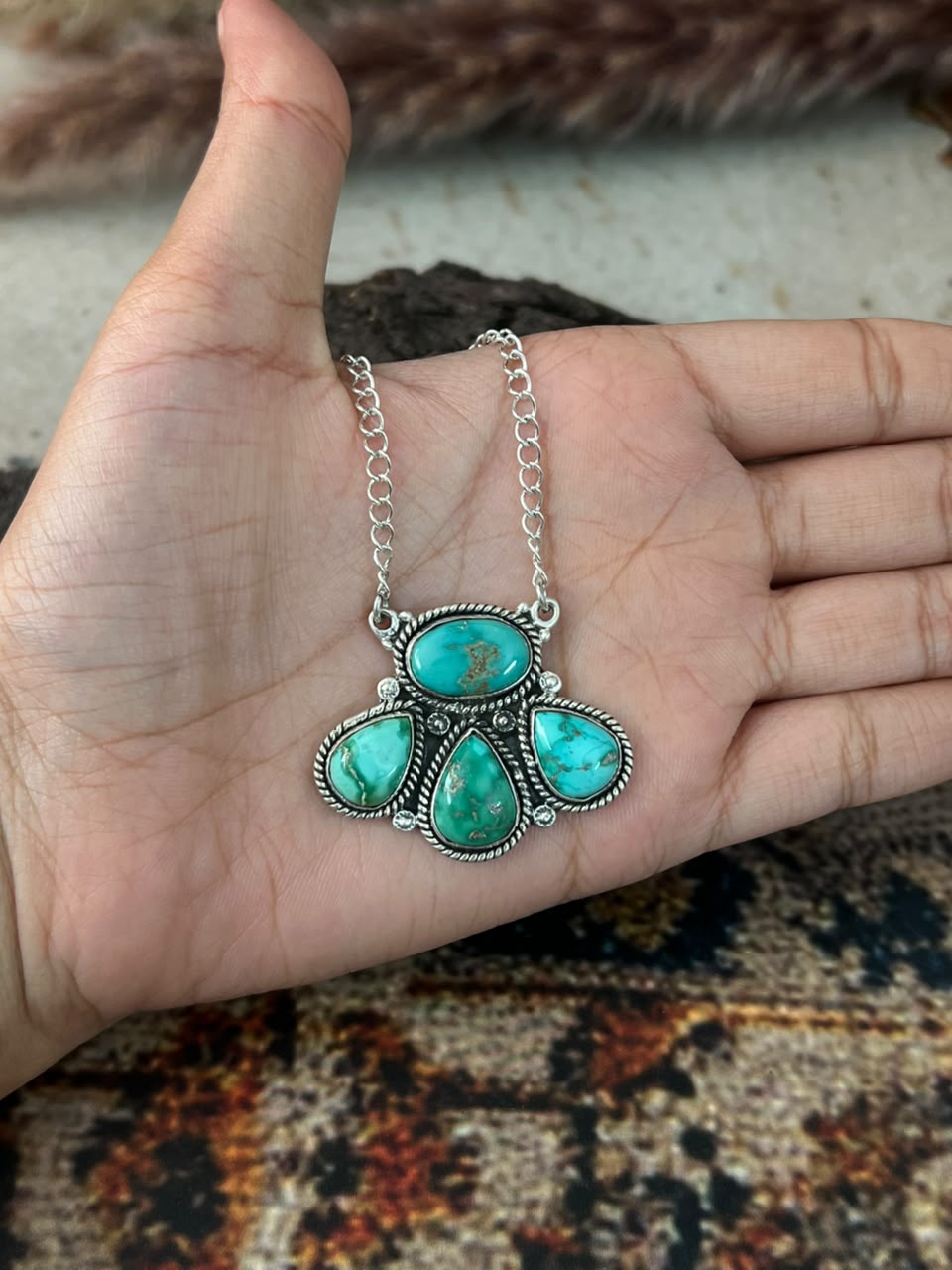 Handmade Sterling Silver Emerald Valley Turquoise Collection: Necklace Signed Nizhoni