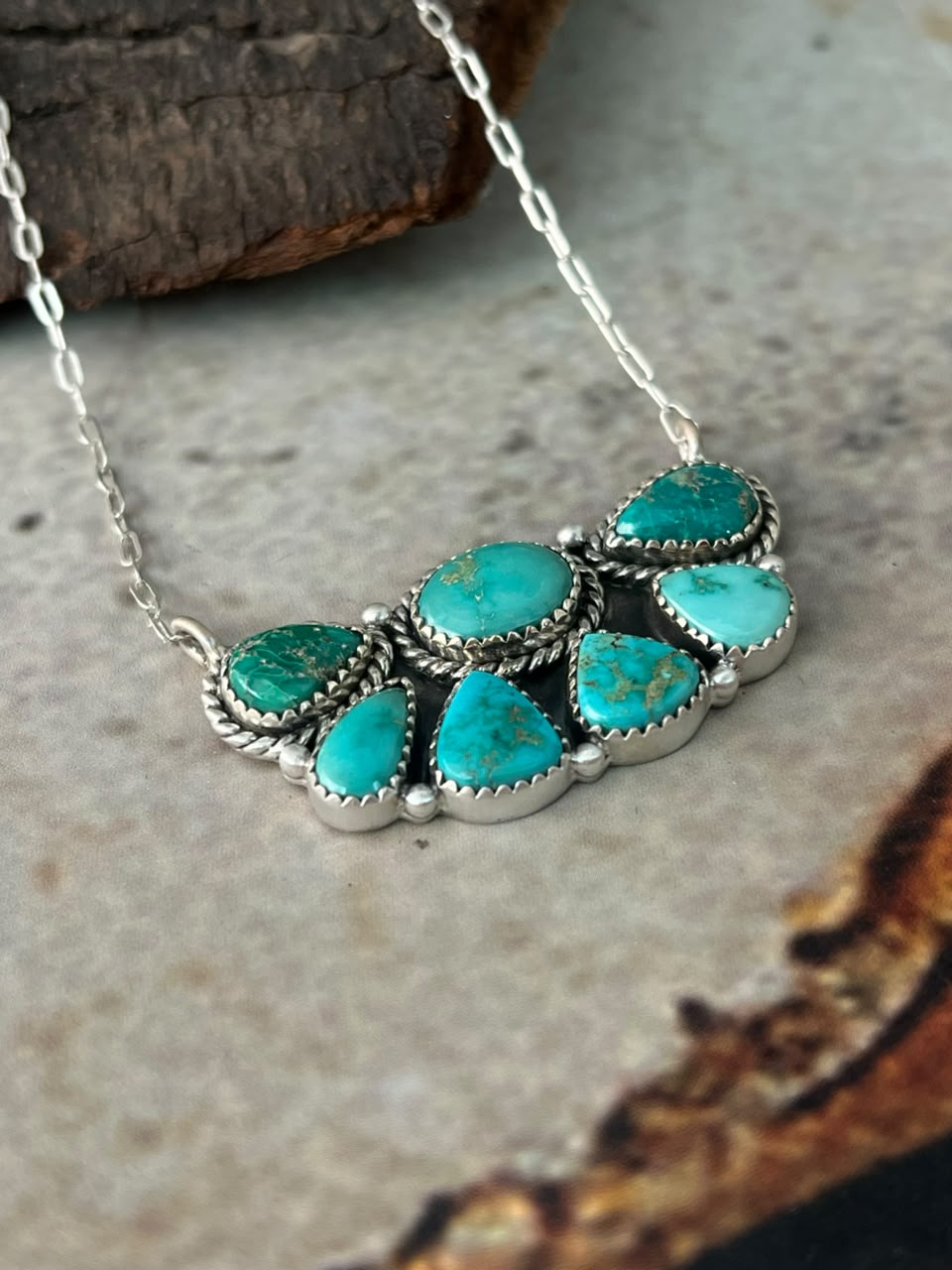 Handmade Sterling Silver Emerald Valley Turquoise Collection: Necklace Signed Nizhoni