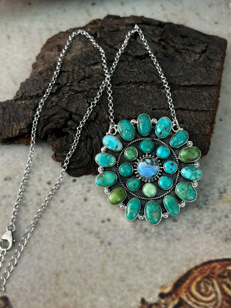 Handmade Sterling Silver Emerald Valley with Golden Hills Turquoise Collection: Necklace Signed Nizhoni