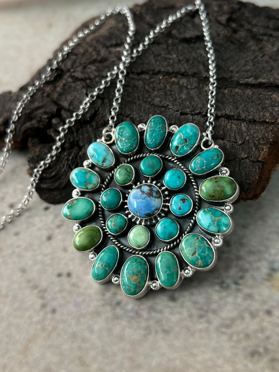 Handmade Sterling Silver Emerald Valley with Golden Hills Turquoise Collection: Necklace Signed Nizhoni