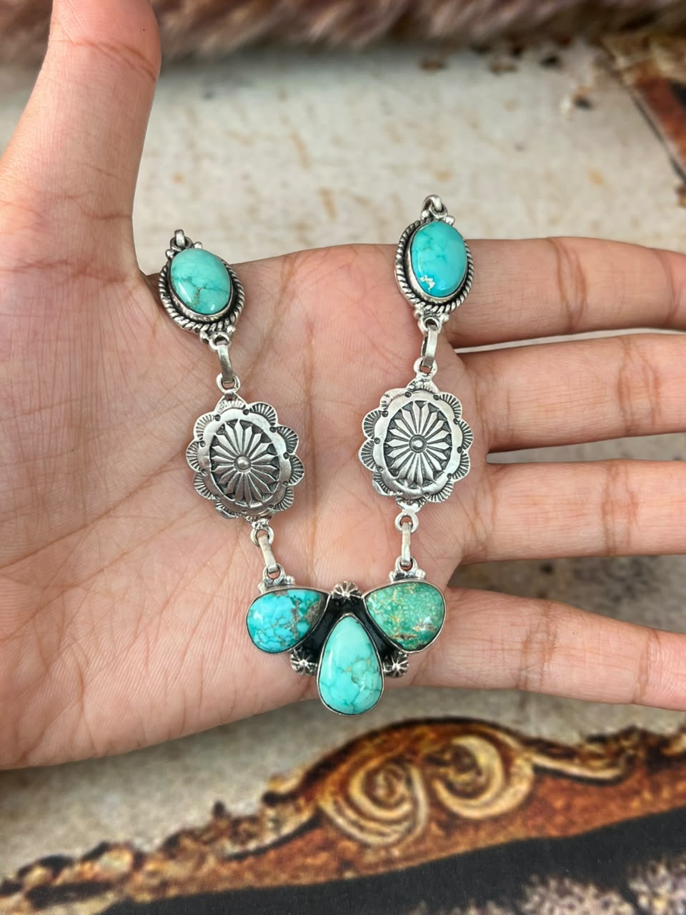 Handmade Sterling Silver Emerald Valley Turquoise Collection: Necklace Signed Nizhoni