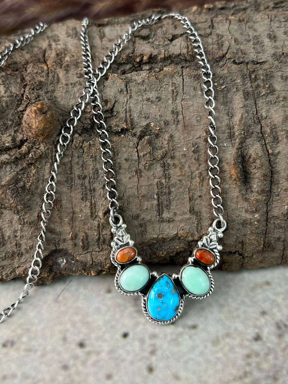 Handmade Sterling Silver White Water with Paloma Turquoise and Orange Mojave Necklace Signed Nizhoni