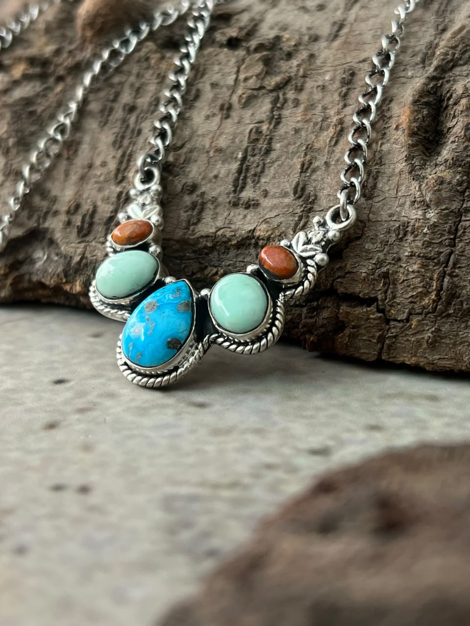 Handmade Sterling Silver White Water with Paloma Turquoise and Orange Mojave Necklace Signed Nizhoni