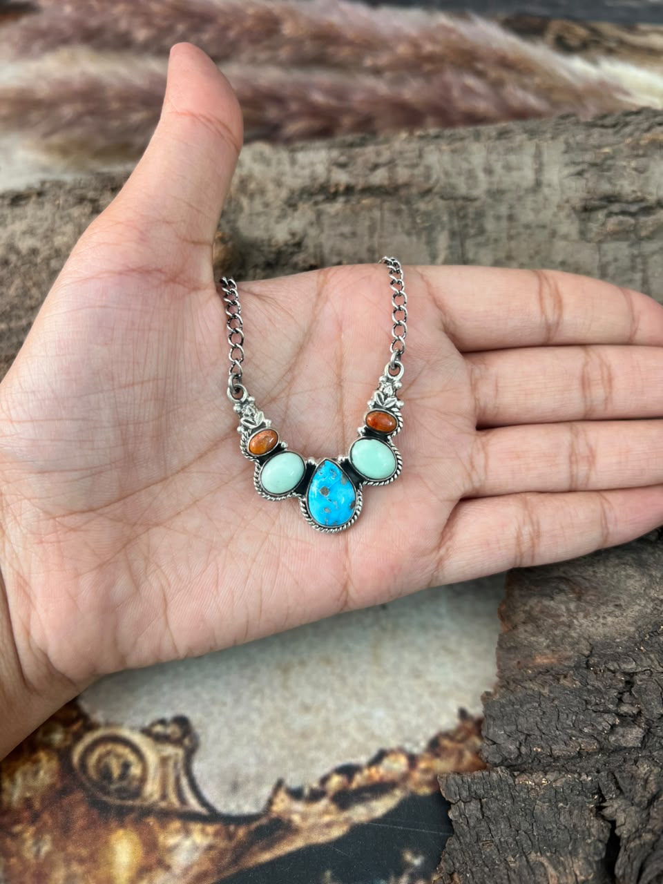 Handmade Sterling Silver White Water with Paloma Turquoise and Orange Mojave Necklace Signed Nizhoni