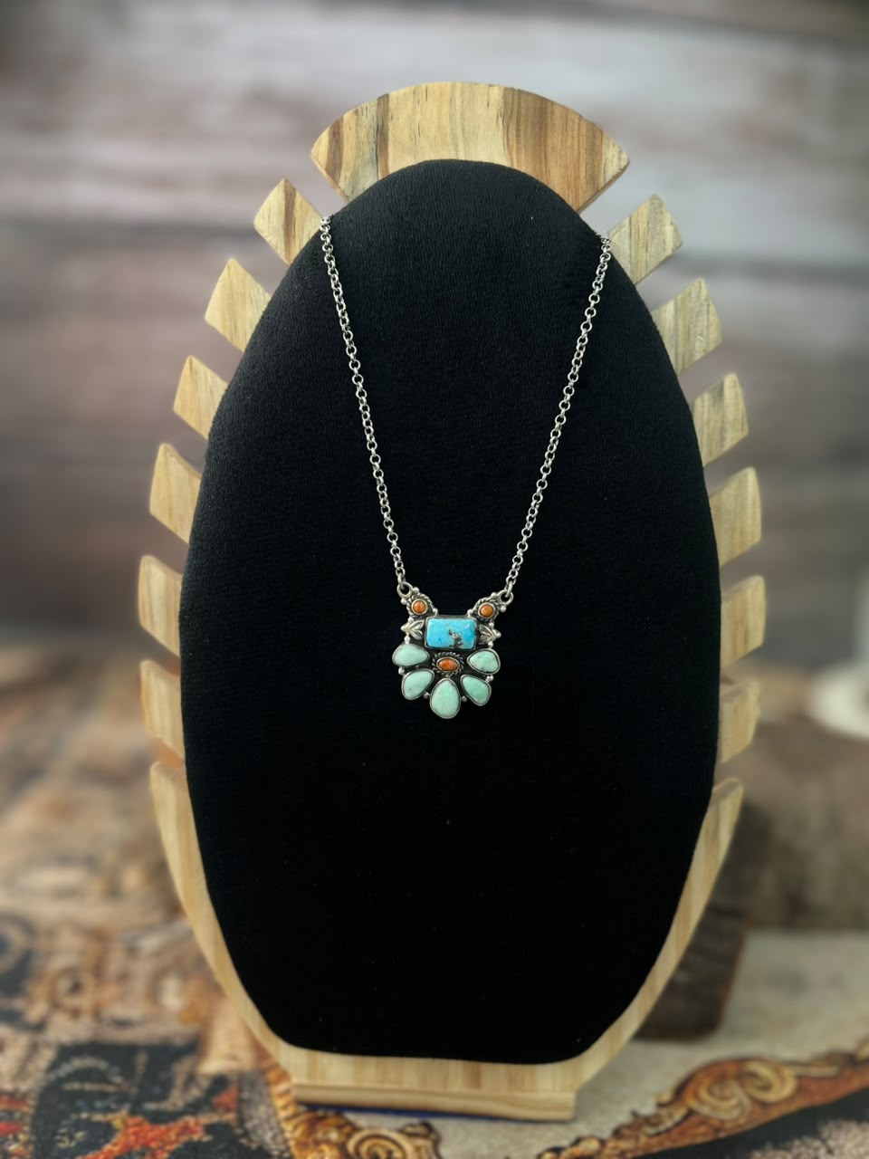 Handmade Sterling Silver White Water with Paloma Turquoise and Orange Mojave Necklace Signed Nizhoni