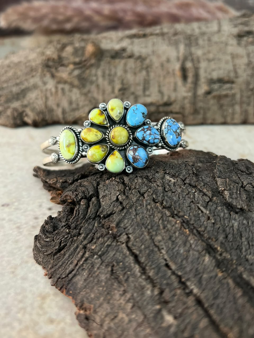 Handmade Sterling Silver Golden Hills with Palomino Turquoise Cuff Bracelet Signed Nizhoni
