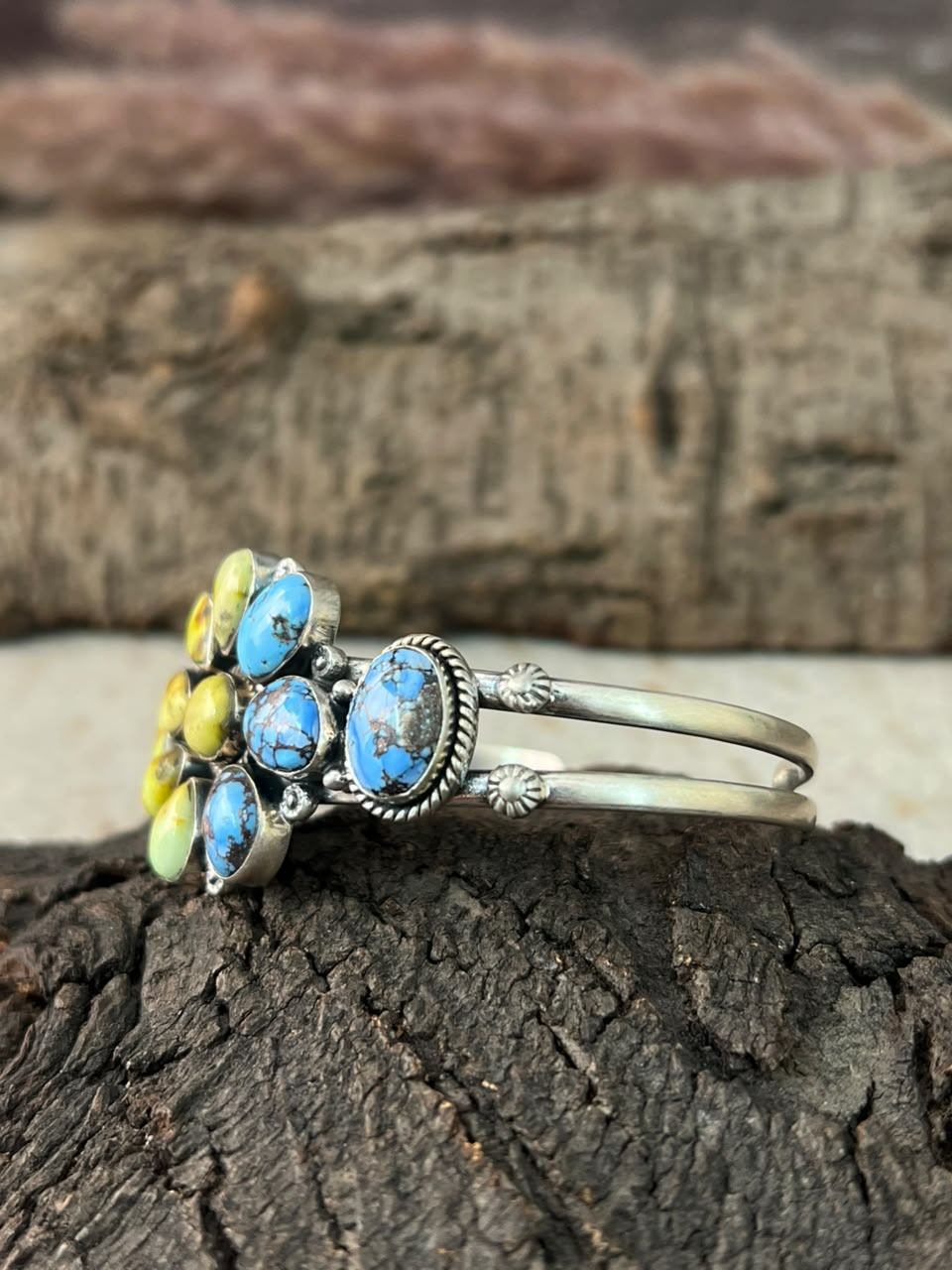 Handmade Sterling Silver Golden Hills with Palomino Turquoise Cuff Bracelet Signed Nizhoni