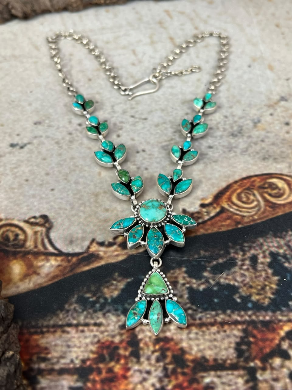 Handmade Sterling Silver Emerald Valley Turquoise Collection: Necklace Signed Nizhoni