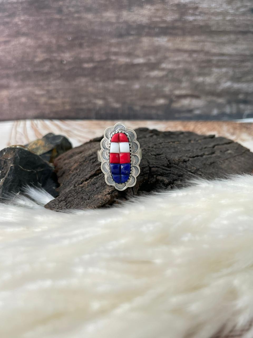 Handmade Sterling Silver 4th Of July Collection: Rosarita with Lapis and White Buffalo Adjustable Ring "Signed Nizhoni"