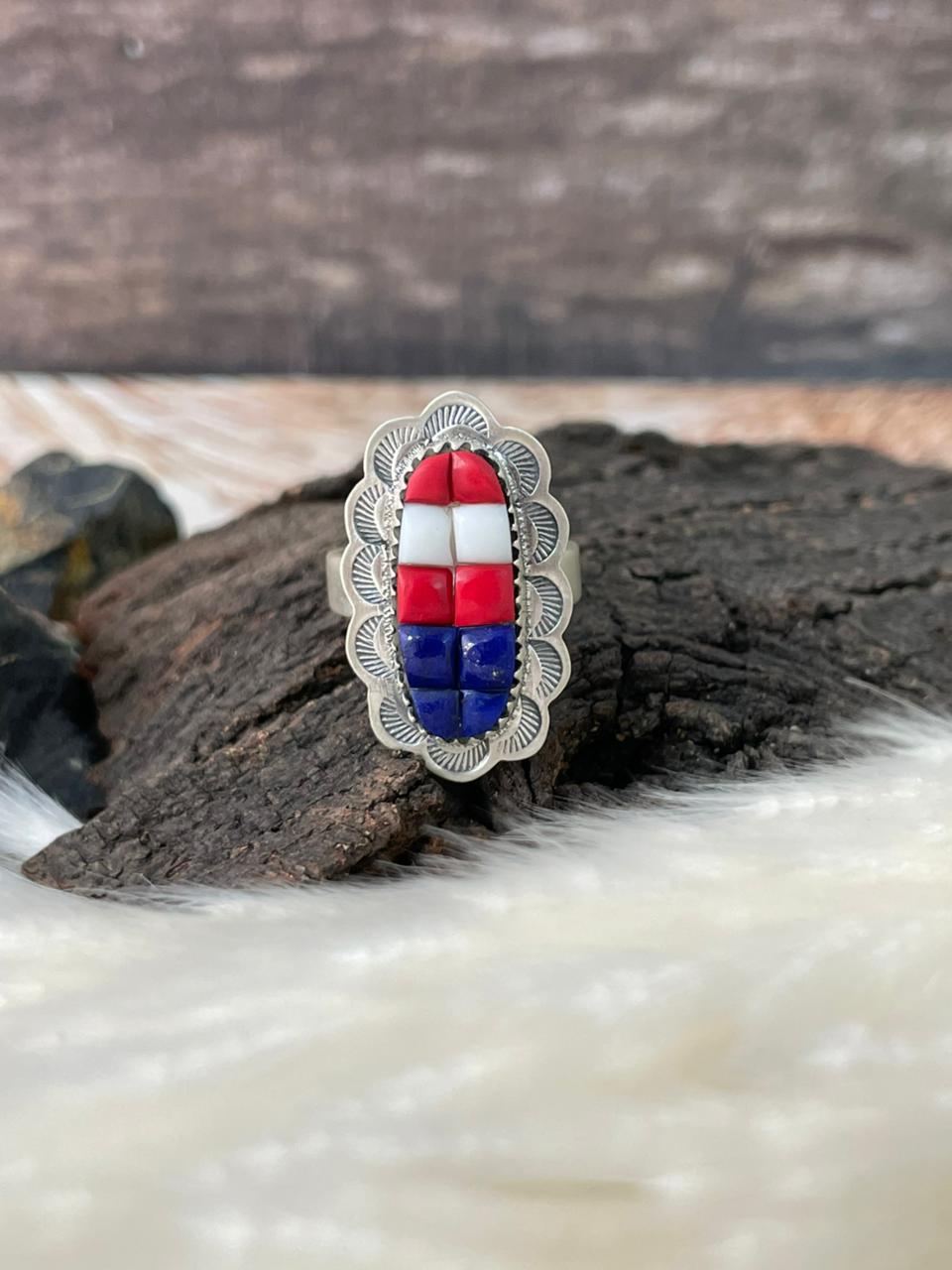 Handmade Sterling Silver 4th Of July Collection: Rosarita with Lapis and White Buffalo Adjustable Ring "Signed Nizhoni"