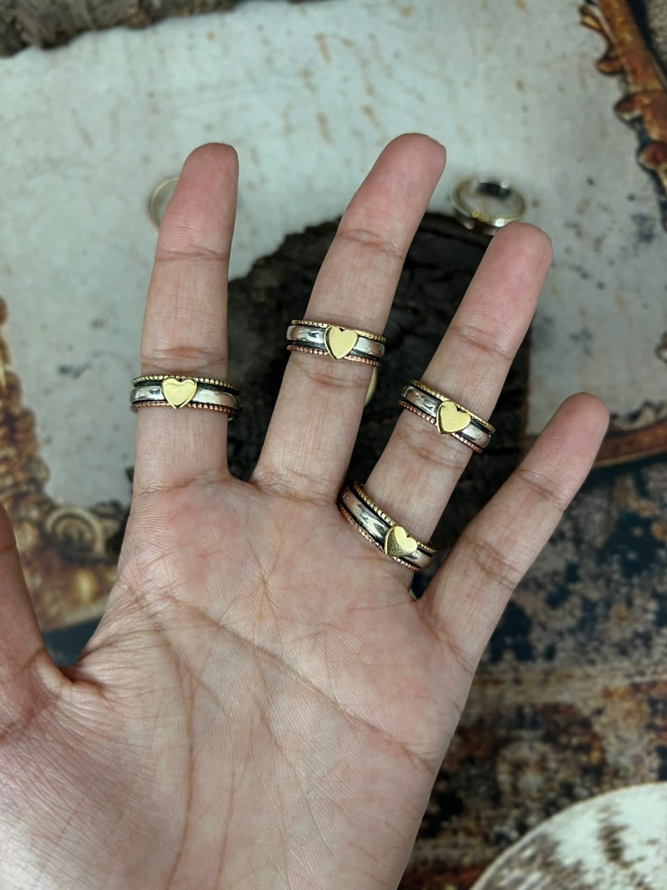 Handmade Sterling Silver With Copper and Brass Heart Spinner Ring Signed Nizhoni
