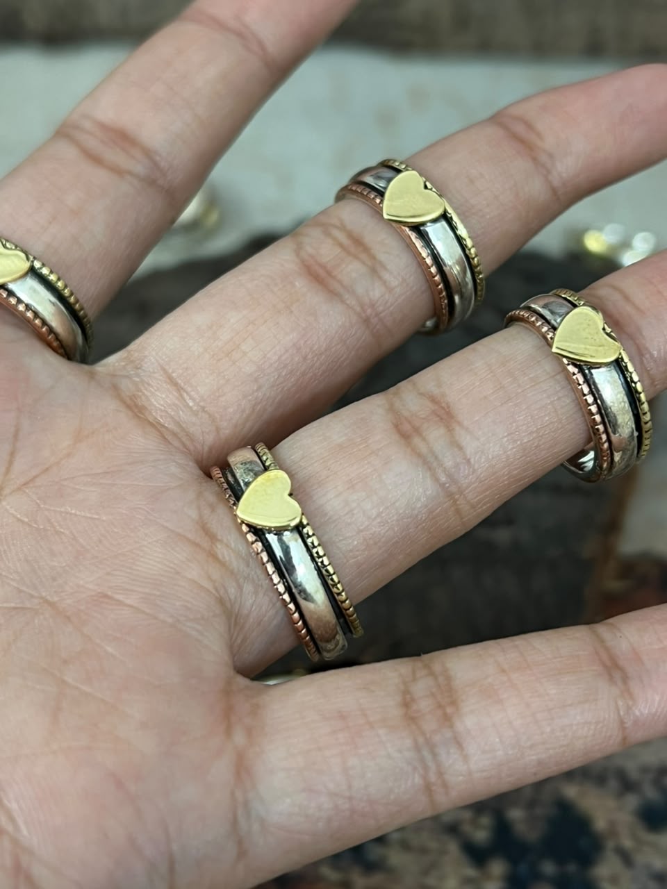 Handmade Sterling Silver With Copper and Brass Heart Spinner Ring Signed Nizhoni