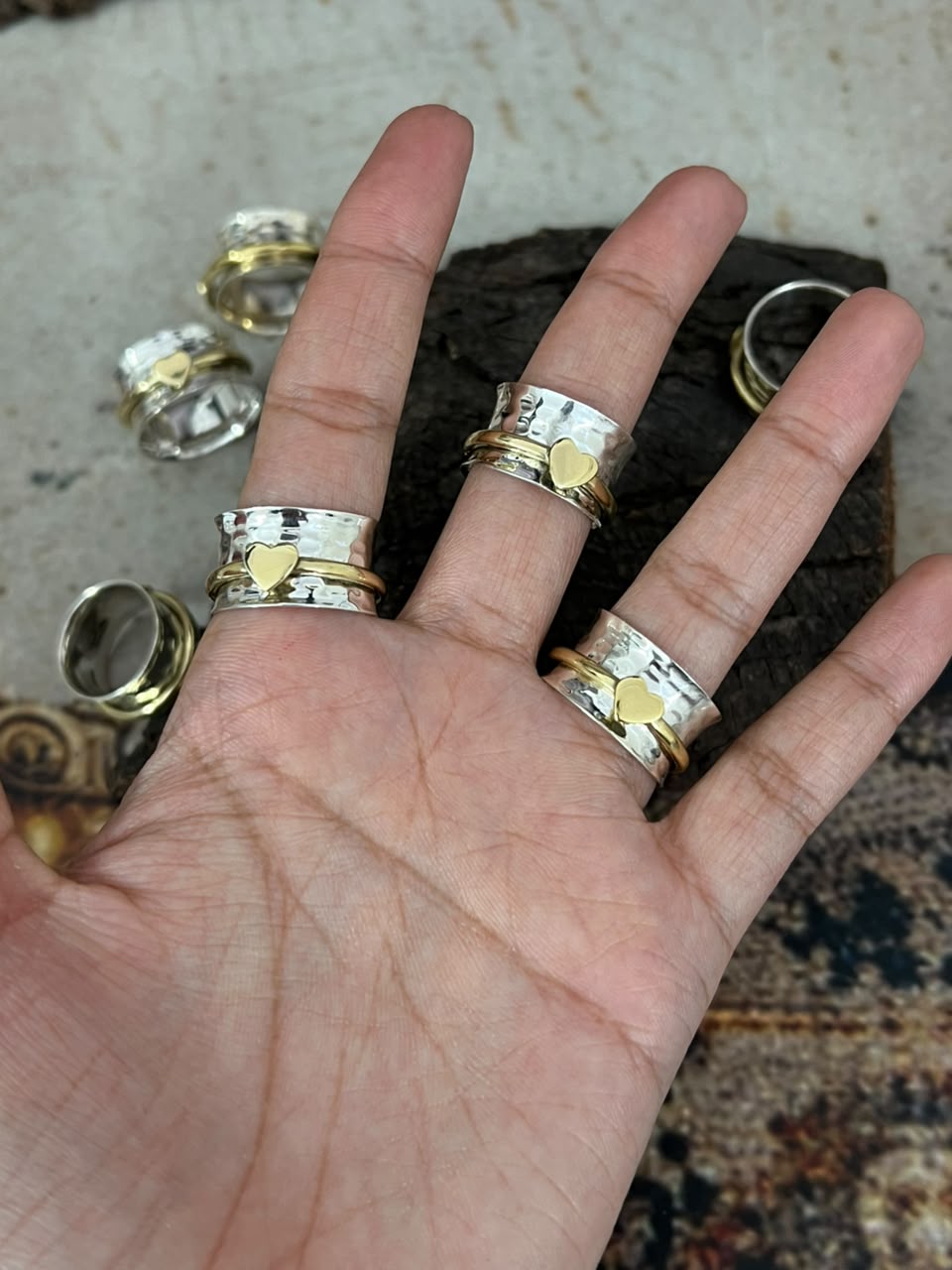 Handmade Sterling Silver With Brass Heart Spinner Ring Signed Nizhoni