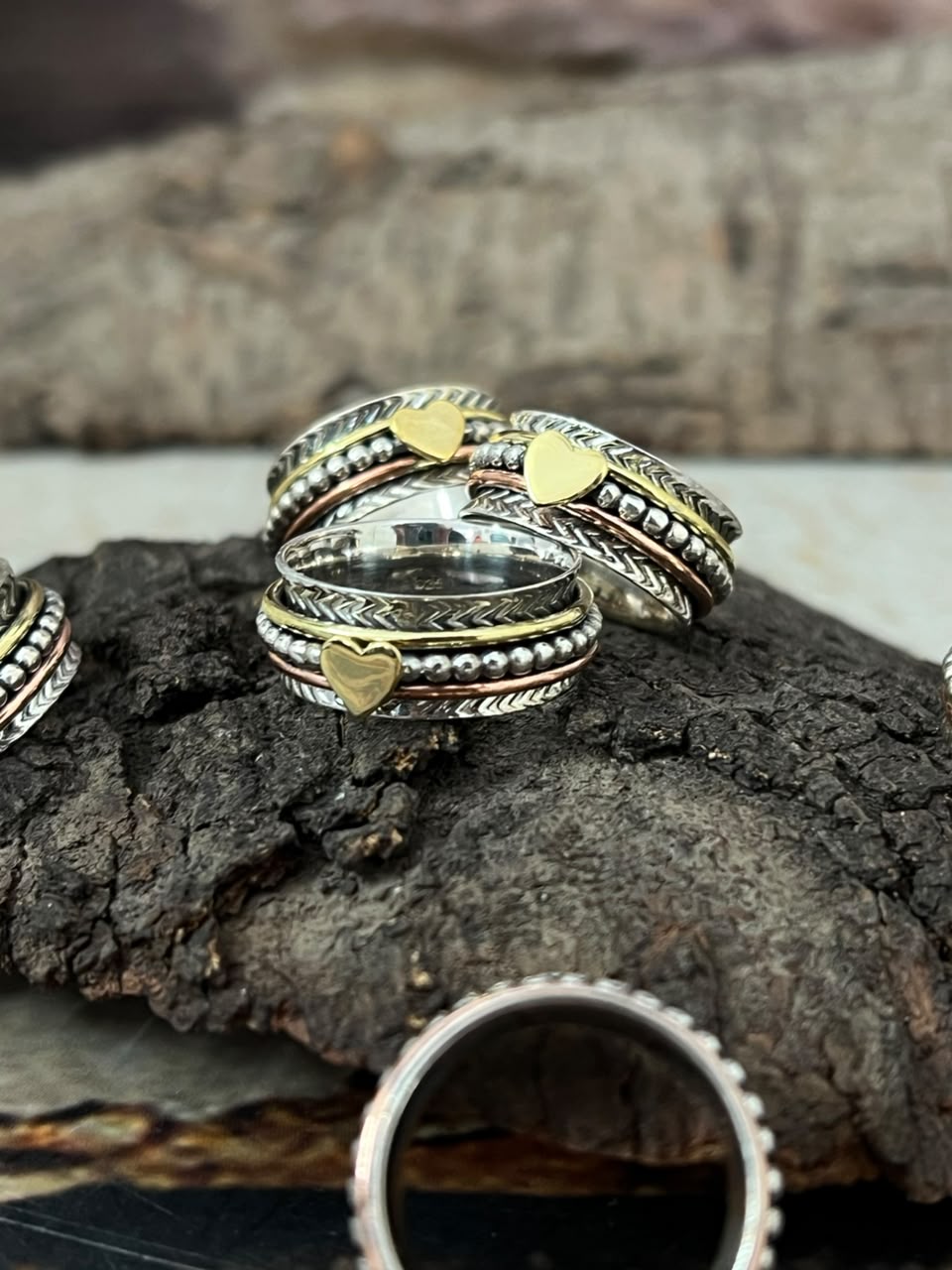 Handmade Sterling Silver With Brass and Copper Heart Spinner Ring Signed Nizhoni