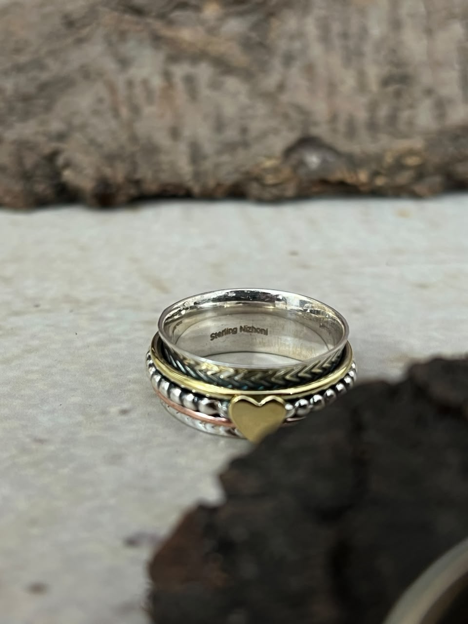 Handmade Sterling Silver With Brass and Copper Heart Spinner Ring Signed Nizhoni