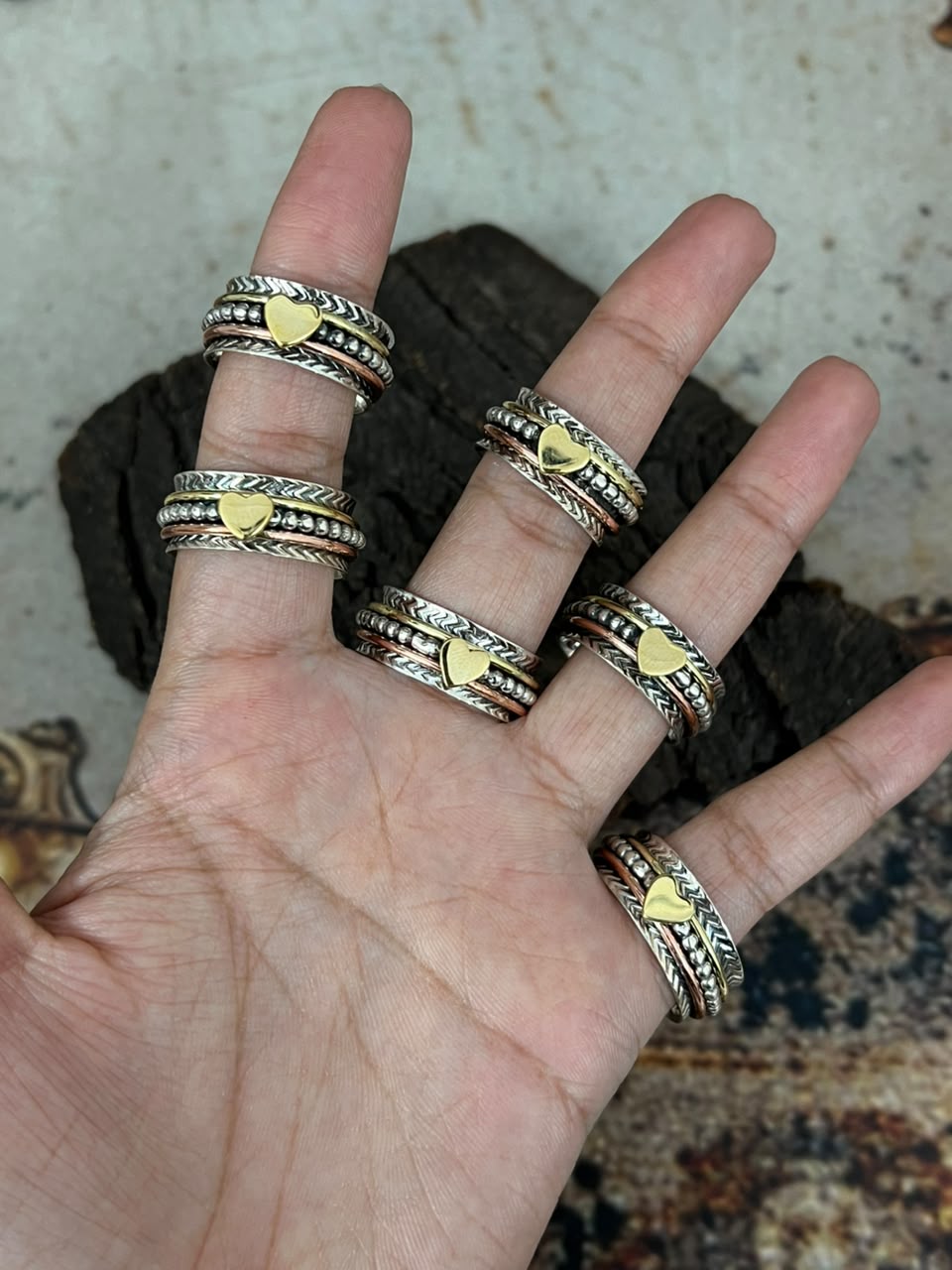 Handmade Sterling Silver With Brass and Copper Heart Spinner Ring Signed Nizhoni