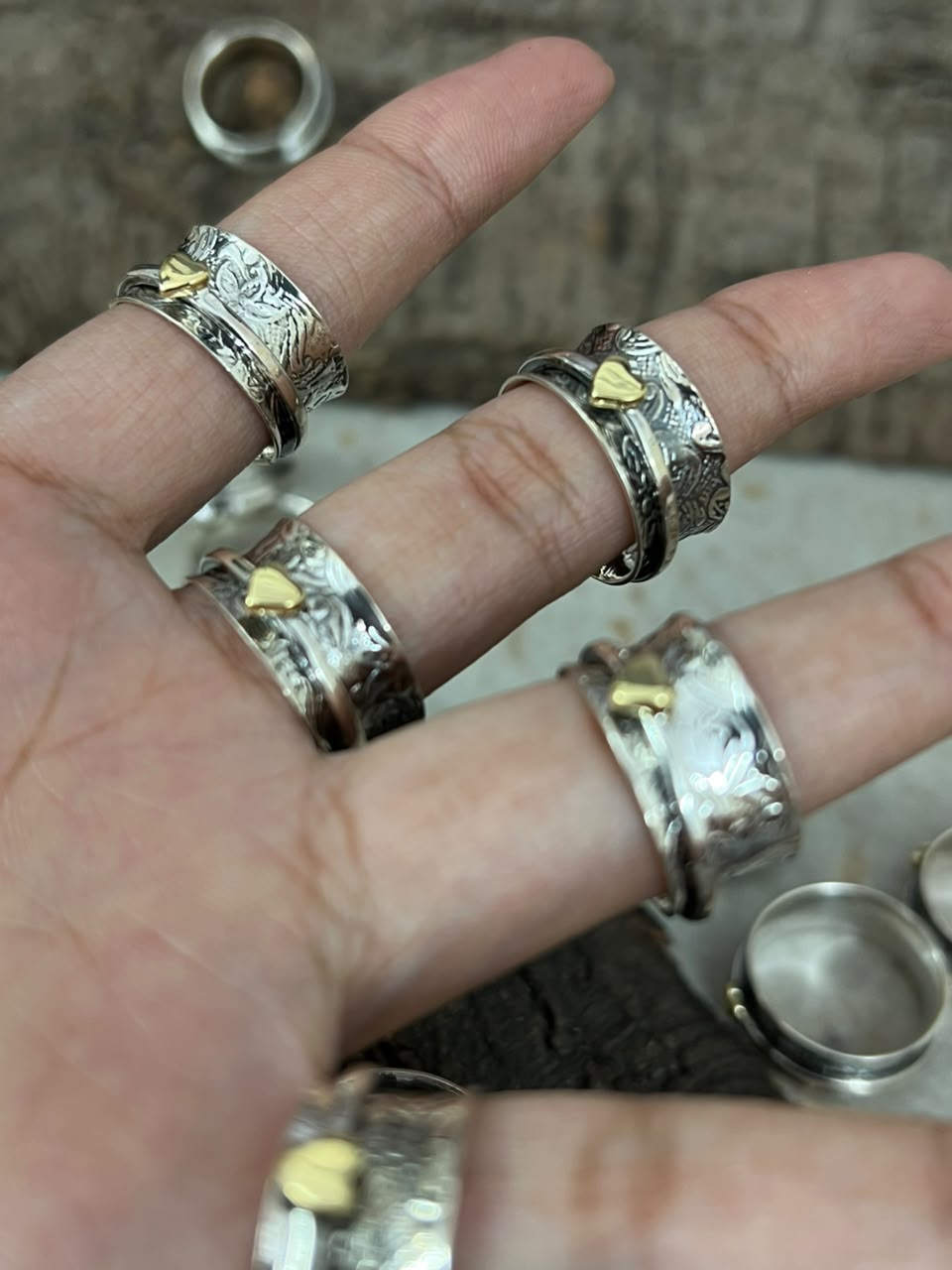 Handmade Sterling Silver With Brass Heart Spinner Ring Signed Nizhoni