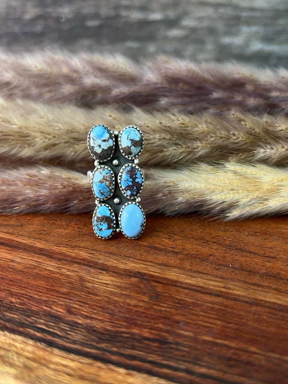 Handmade Sterling Silver Golden hills Turquoise Bar Adjustable Ring Signed Nizhoni