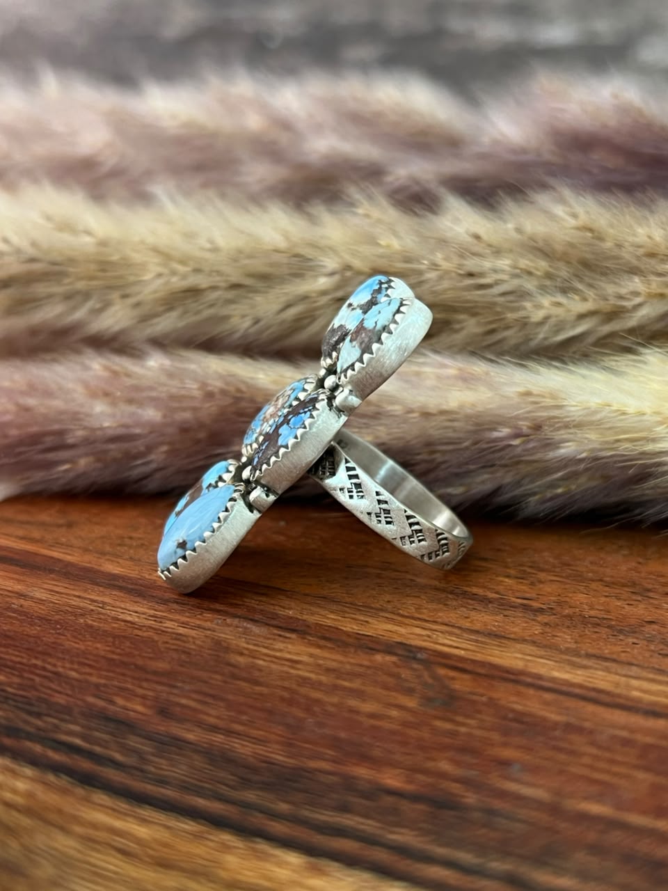 Handmade Sterling Silver Golden hills Turquoise Bar Adjustable Ring Signed Nizhoni
