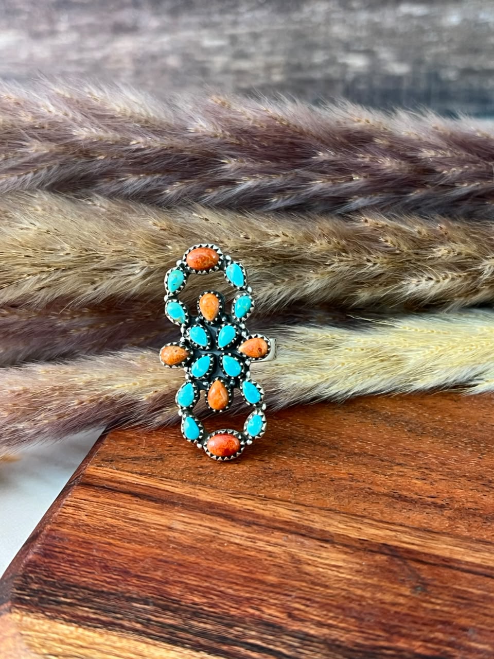 Handmade Sterling Silver Kingman Turquoise with Orange Mojave Adjustable Ring Signed Nizhoni