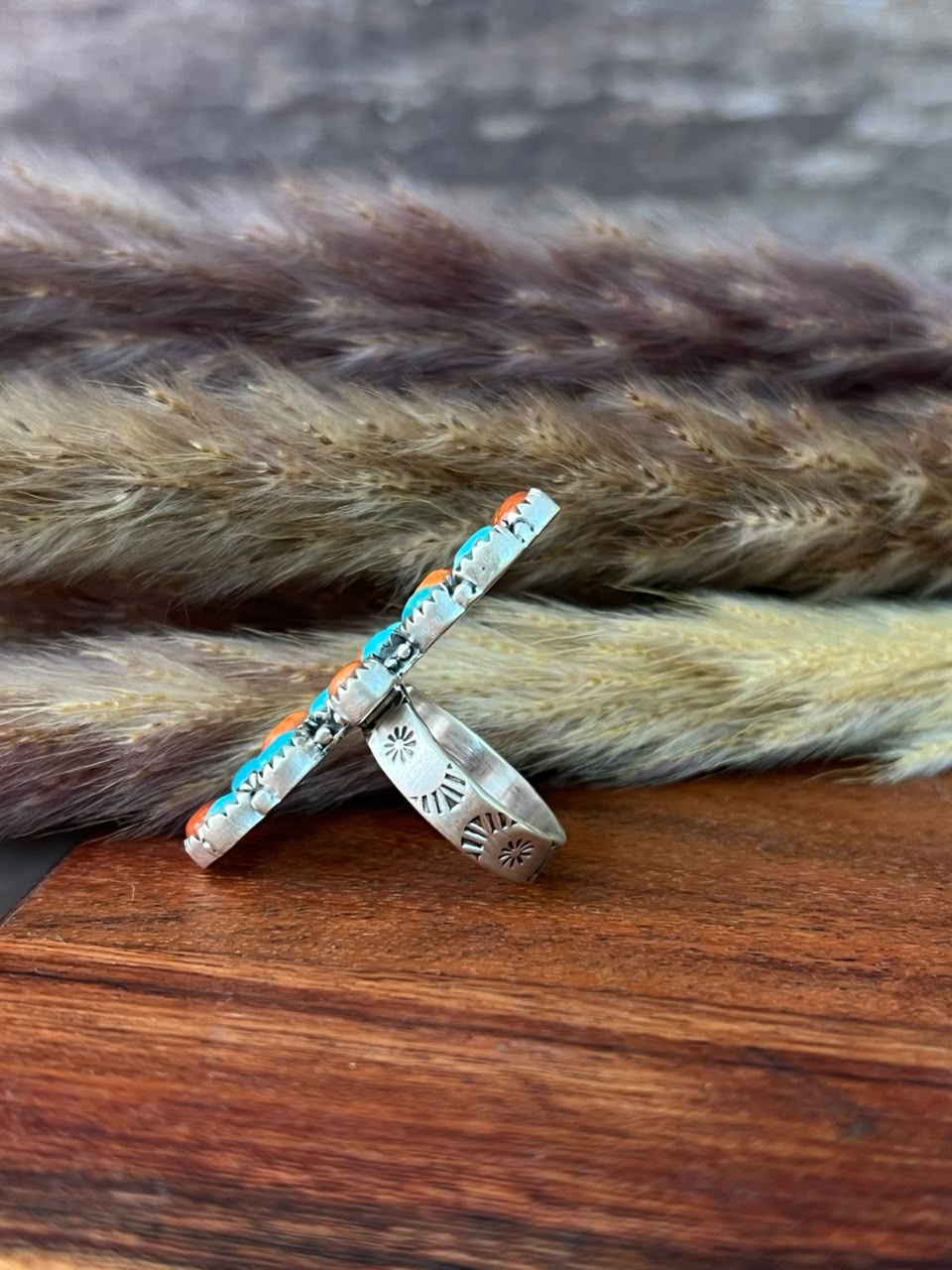 Handmade Sterling Silver Kingman Turquoise with Orange Mojave Adjustable Ring Signed Nizhoni