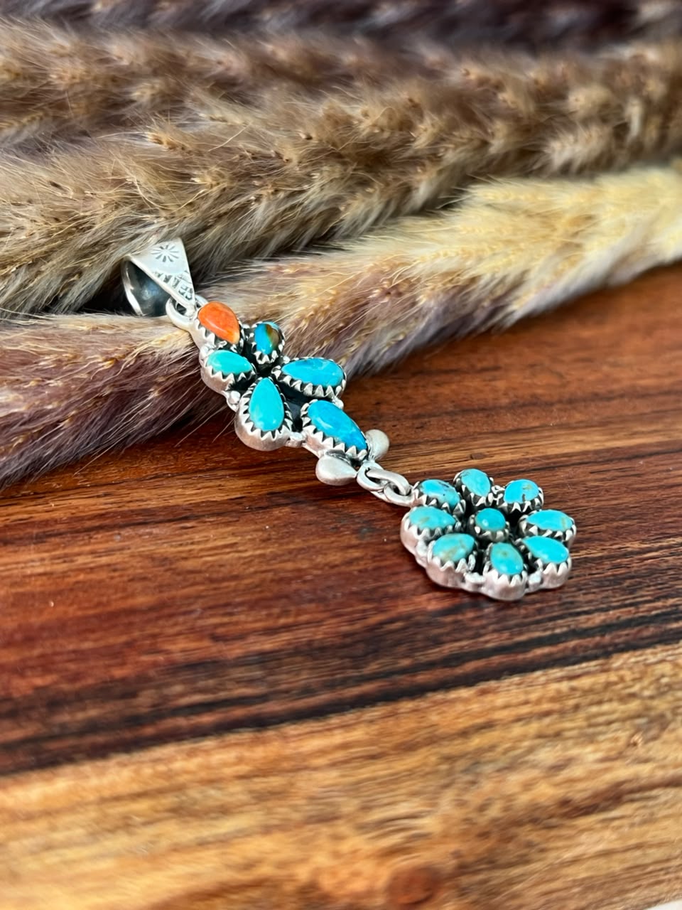 Handmade Sterling Silver Kingman Turquoise with Orange Mojave Pendant Signed Nizhoni