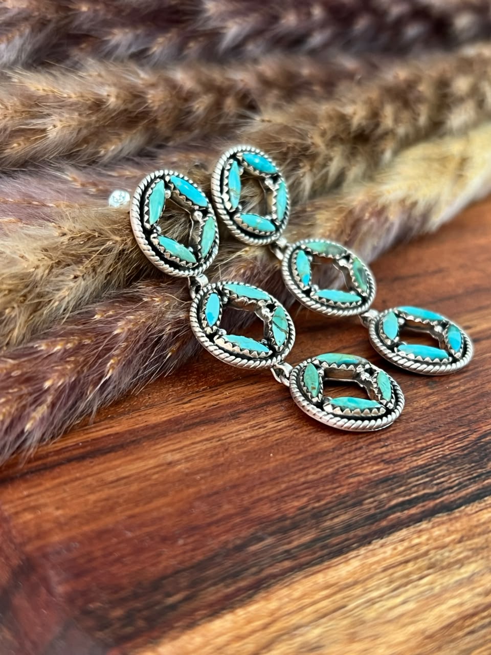 Handmade Sterling Silver Kingman Turquoise Post Dangle Earrings Signed Nizhoni