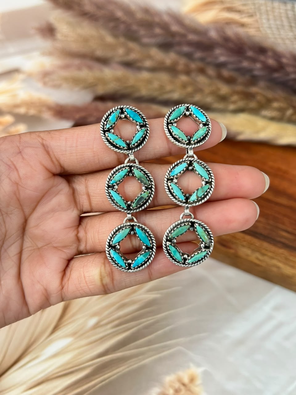 Handmade Sterling Silver Kingman Turquoise Post Dangle Earrings Signed Nizhoni