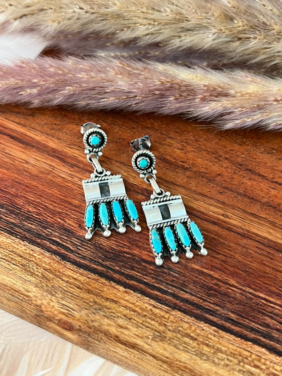 Handmade Sterling Silver Kingman Turquoise Post Dangle Earrings Signed Nizhoni