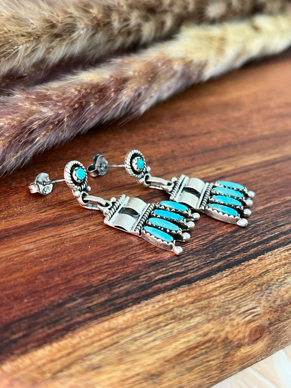 Handmade Sterling Silver Kingman Turquoise Post Dangle Earrings Signed Nizhoni