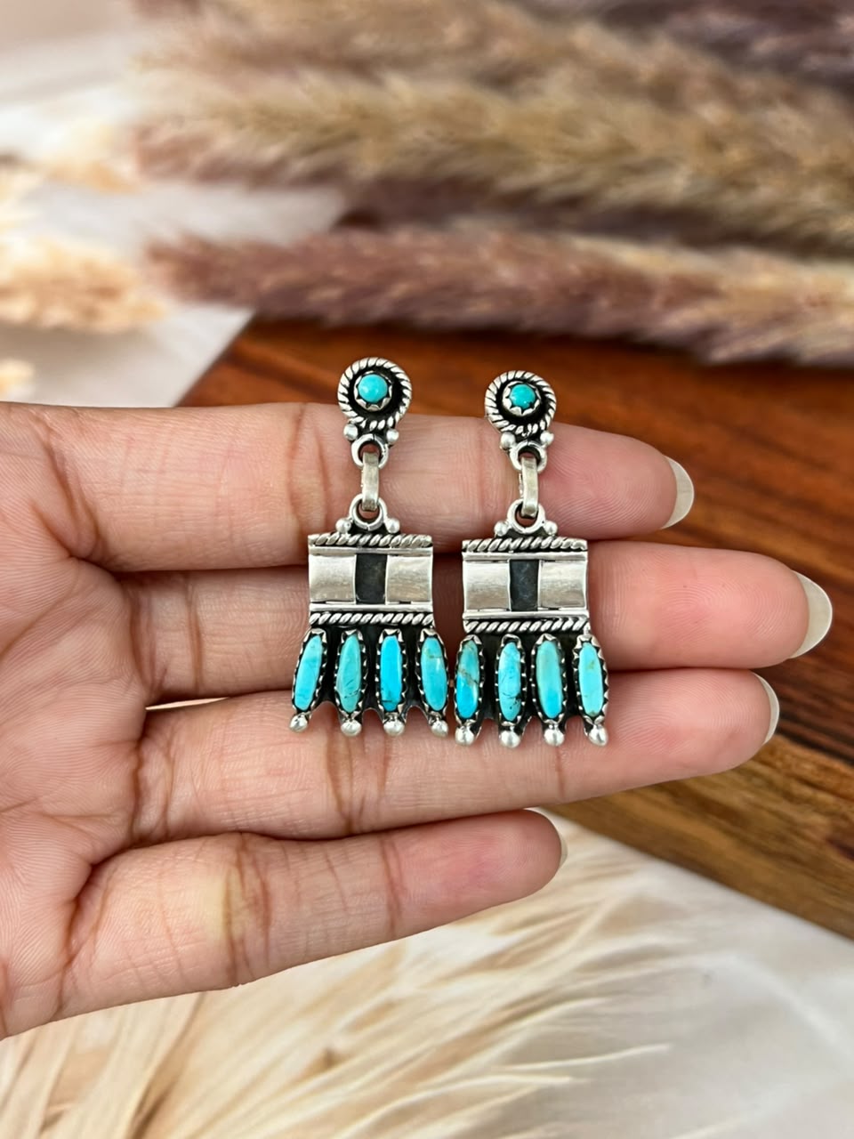 Handmade Sterling Silver Kingman Turquoise Post Dangle Earrings Signed Nizhoni