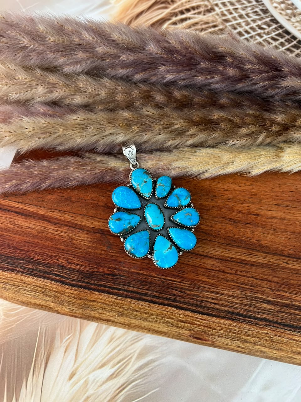 Handmade Sterling Silver Blue Kingman Turquoise Pendant Signed Nizhoni