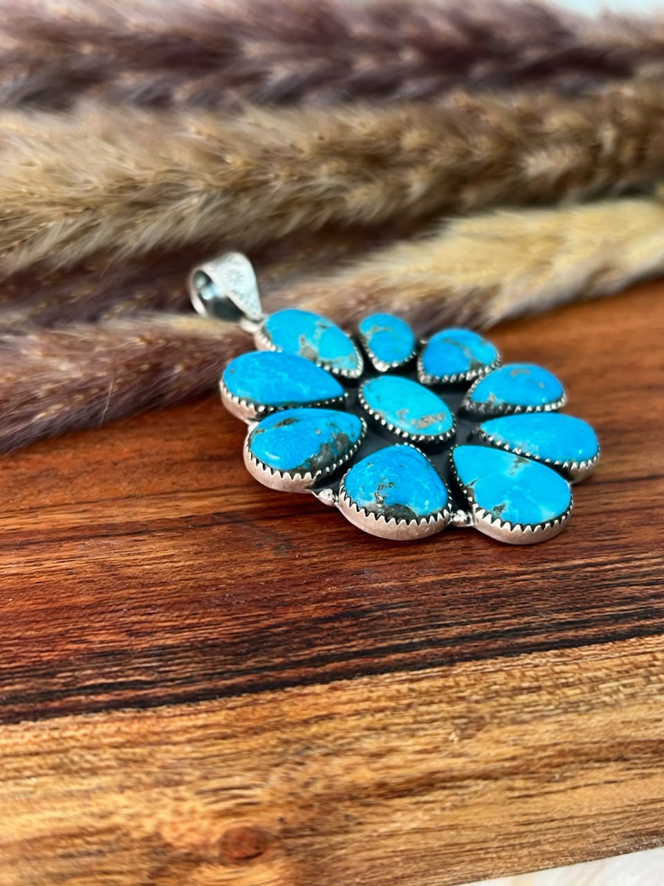 Handmade Sterling Silver Blue Kingman Turquoise Pendant Signed Nizhoni
