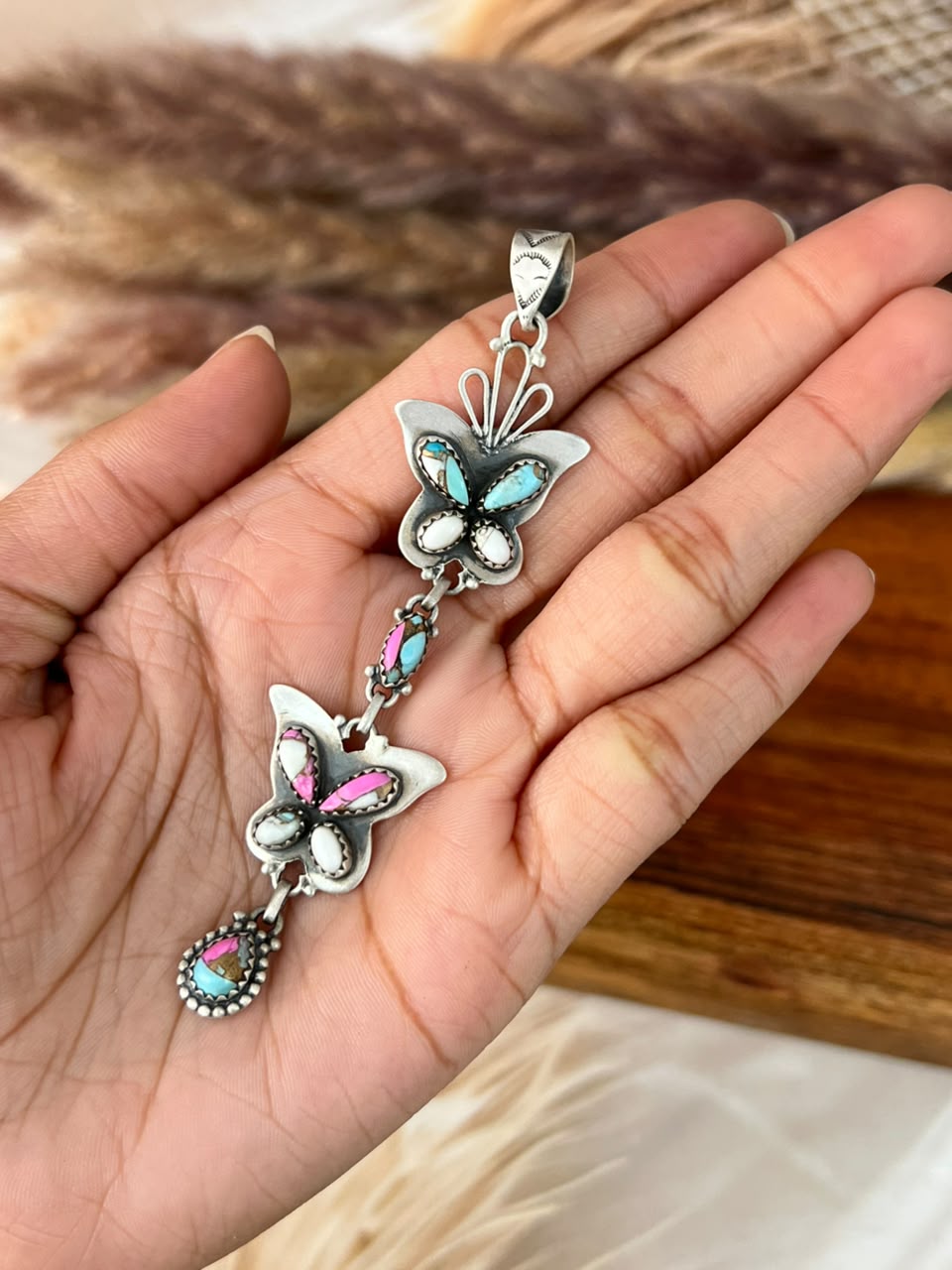 Handmade Sterling Silver Cotton Candy Butterfly Pendant Signed Nizhoni