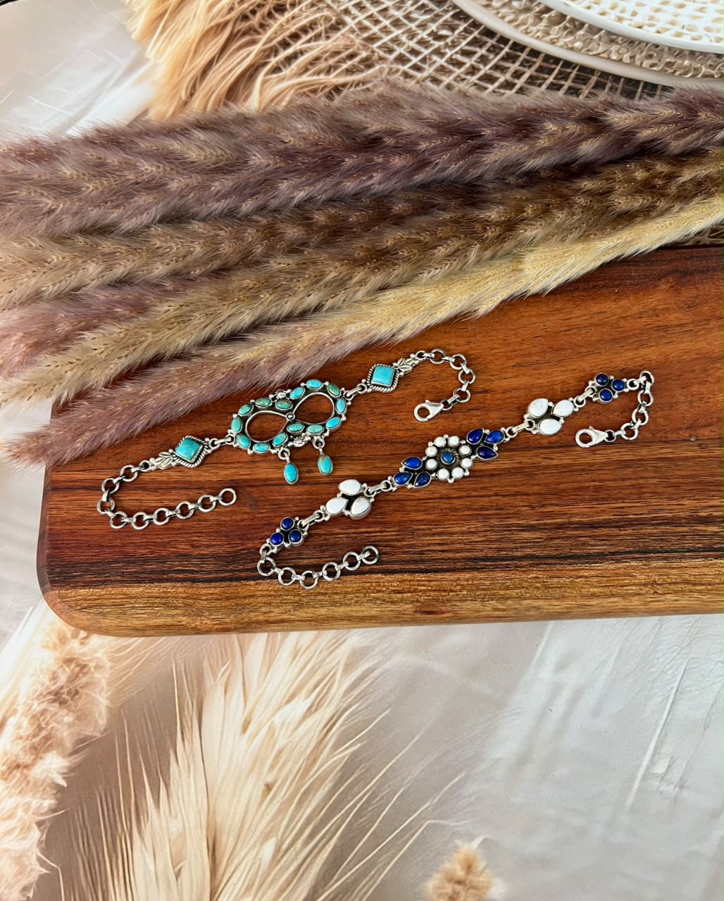 Handmade Sterling Silver White Buffalo with Lapis and Kingman Turquoise Chain Bracelet Signed Nizhoni