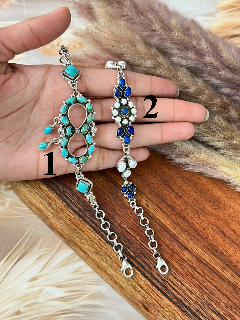 Handmade Sterling Silver White Buffalo with Lapis and Kingman Turquoise Chain Bracelet Signed Nizhoni